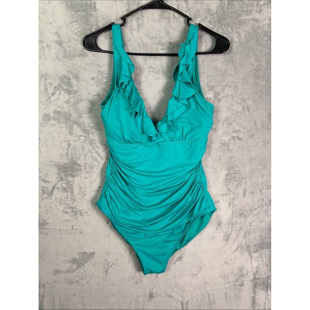Lauren Ralph Lauren Teal Ruffle Front One Piece Bathing Swim Suit Size 14